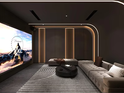Modern Home Theater Room With Large Screen Comfortable Sofa Striped Carpet And Ambient Lighting 3d model