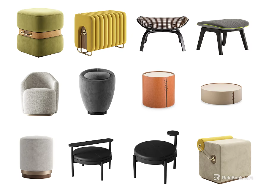 Stylish Modern Ottomans With Various Designs Colors And Shapes For Home Decor 3d model 