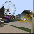 Amusement Park Featuring Ferris Wheel Yellow Slide White Spherical Buildings and Green Lawn