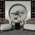 Light Colored Leisure Sofa Set With Circular Landscape Painting And Side Bookshelves