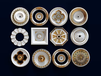 Ceiling Medallions With Various Designs Round Square Octagonal Shapes White And Gold Decorative Patterns 3d model