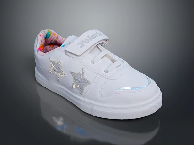 White Kids Sneakers With Velcro Strap Silver Star Decorations And Colorful Tongue 3d model