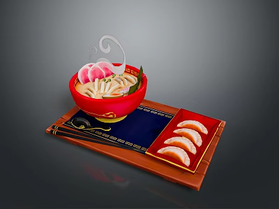 Dragon Patterned Red Bowl With Steaming Noodles And Dumplings On Tray 3d model