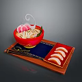 Dragon Patterned Red Bowl With Steaming Noodles And Dumplings On Tray