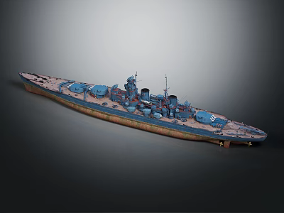 Detailed Model Warship Featuring Turret Superstructure Blue Hull And Brown Bottom 3d model