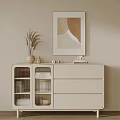 Beige Entryway Cabinet Sideboard With Drawers Grid Doors Vase Dried Grass And Wall Art
