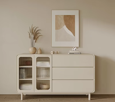 Beige Entryway Cabinet Sideboard With Drawers Grid Doors Vase Dried Grass And Wall Art 3d model