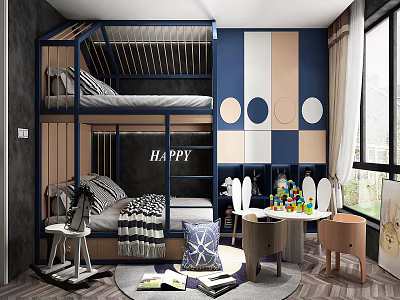 Kids Room Interior With Blue Beige Walls Bunk Bed Happy Sign And Play Area 3d model