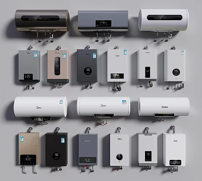 Household Electrical Appliances Various Water Heaters with Different Designs and Colors Displayed 3d model
