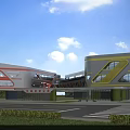 Modern School Building With Geometric Design Red Yellow White Facade Glass Windows And Green Lawn