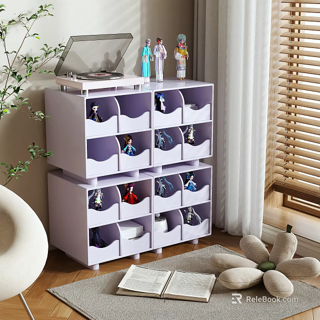 Toy Storage Cabinet with Multi Layer Compartments for Small Dolls in Kids Room Near Window 3d model 