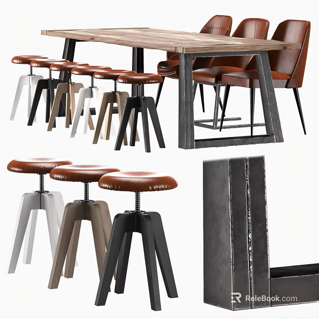 Stylish Dining Table Set With Wooden Tabletop Metal Frame And Multi Colored Leather Stools 3d model
