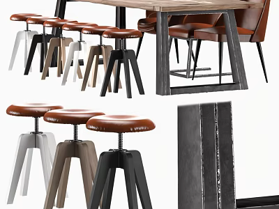 Stylish Dining Table Set With Wooden Tabletop Metal Frame And Multi Colored Leather Stools 3d model