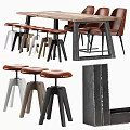 Stylish Dining Table Set With Wooden Tabletop Metal Frame And Multi Colored Leather Stools 3d model
