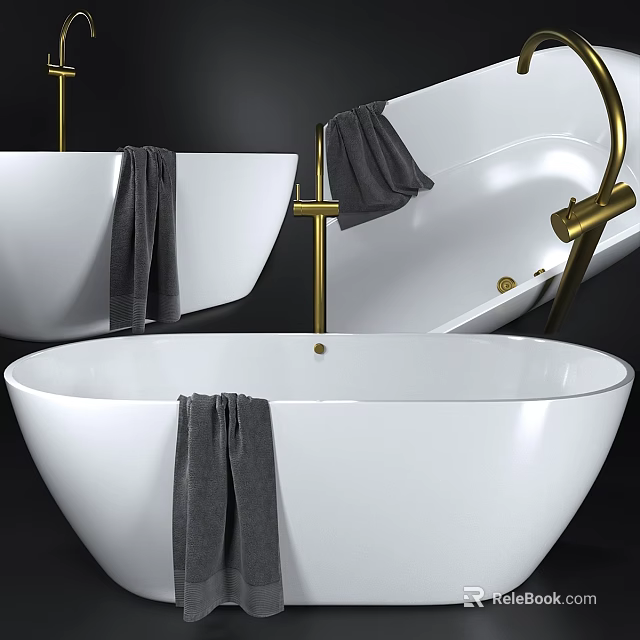 Modern White Freestanding Bathtub With Hanging Gray Towel And Gold Faucet Fixtures 3d model 