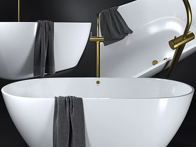 Modern White Freestanding Bathtub With Hanging Gray Towel And Gold Faucet Fixtures 3d model