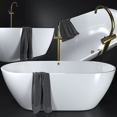 Modern White Freestanding Bathtub With Hanging Gray Towel And Gold Faucet Fixtures 3d model
