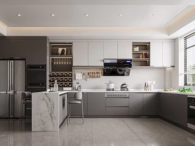 Modern Kitchen Interior With Gray White Cabinets Marble Island And Stainless Steel Appliances 3d model