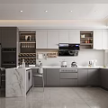 Modern Kitchen Interior With Gray White Cabinets Marble Island And Stainless Steel Appliances