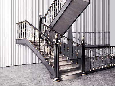 Modern Elegant Staircase Design With Black Gold Railings Marble Steps And Striped Wall 3d model