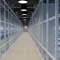 Large Laboratory Interior With Blue White Cabinets Metal Shelves Strip Lights And Bright White Tiled Floor