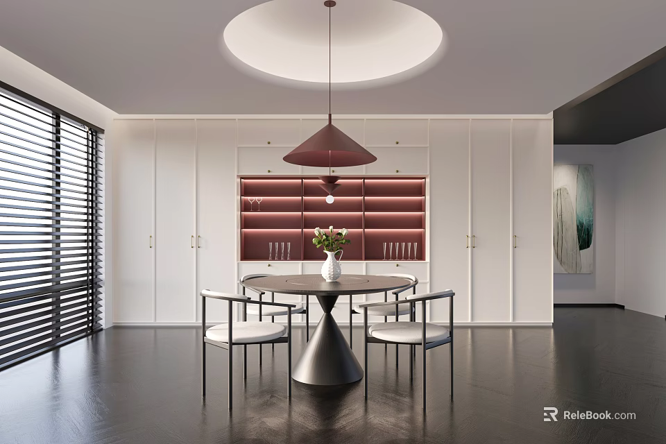Modern Dining Room Interior Featuring Round Dining Table Chairs Pendant Light White Cabinets And Blinds 3d model