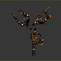 Three Black And Orange Robots With Mechanical Structure Holding Weapons Together