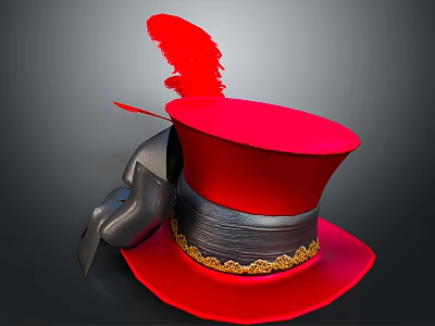Red Top Hat With Red Feather And Black Gold Decorative Band For Daily Use 3d model