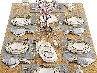 Elegant Dinnerware Set With Gold Accented Plates Gray Napkins And Flower Vase On Wooden Table 3d model