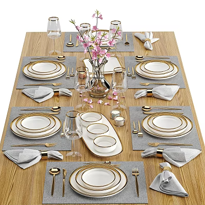 Elegant Dinnerware Set With Gold Accented Plates Gray Napkins And Flower Vase On Wooden Table 3d model