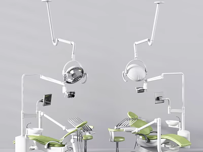 Modern Dental Medical Equipment With Green Chairs Surgical Lights And Instrument Tables 3d model