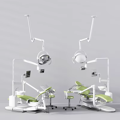 Modern Dental Medical Equipment With Green Chairs Surgical Lights And Instrument Tables 3d model