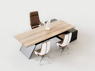 Modern Office Table And Chair Set With Wooden Top Metal Frame And Rolling Chairs 3d model