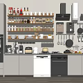 Modern Kitchen Featuring Shelves With Kitchenware Spices Mugs Hanging Pans Cabinets And Appliances