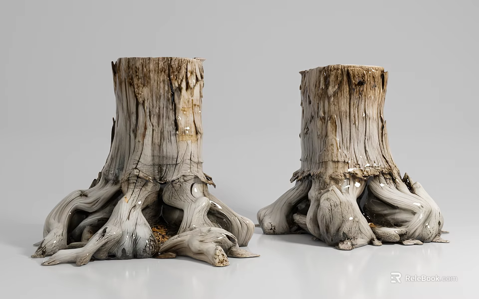 Natural Tree Stump Ornament Set With Exposed Roots And Rustic Wood Texture Decor 3d model 