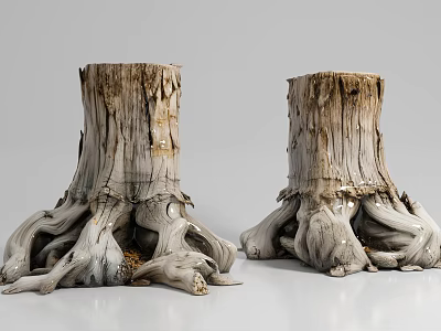 Natural Tree Stump Ornament Set With Exposed Roots And Rustic Wood Texture Decor 3d model