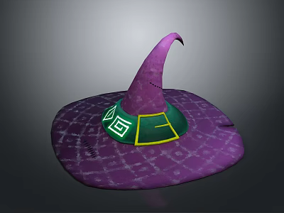 Purple Wizard Hat With Pointed Top Wide Brim And Green Yellow Patterned Decorations 3d model