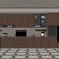 Modern Kitchen Interior With Brown Cabinets Appliances Countertop And Geometric Floor Tiles