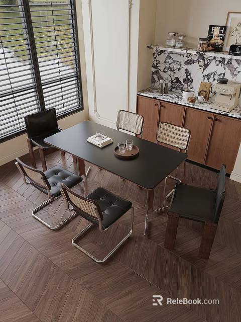 Modern Dining Table Set With Black Tabletop Metal Legs Black Light-Colored Chairs And Wooden Cabinets 3d model 