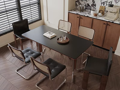 Modern Dining Table Set With Black Tabletop Metal Legs Black Light-Colored Chairs And Wooden Cabinets 3d model