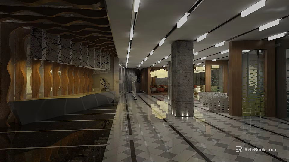 Elegant Clubhouse Interior Design With Marble Floor Wooden Ceiling And Modern Lighting 3d model 