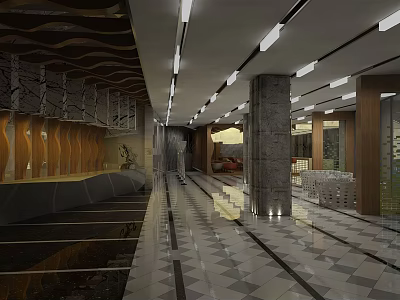 Elegant Clubhouse Interior Design With Marble Floor Wooden Ceiling And Modern Lighting 3d model