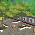 Abstract Orange Sculptures In Garden Landscape With Green Trees Decorative Gate And Water Feature