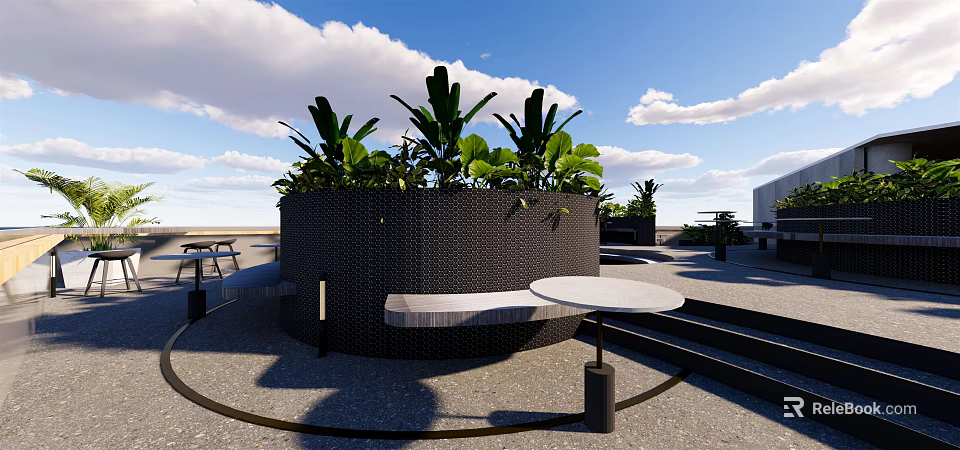 Outdoor Terrace With Circular Woven Structure Lush Green Plants Bench And Round Table For Relaxation 3d model 