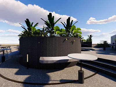 Outdoor Terrace With Circular Woven Structure Lush Green Plants Bench And Round Table For Relaxation 3d model
