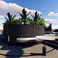 Outdoor Terrace With Circular Woven Structure Lush Green Plants Bench And Round Table For Relaxation