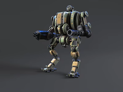 Sci Fi Mechanical Robot Character With Industrial Metal Armor And Weaponized Mechanical Arms 3d model