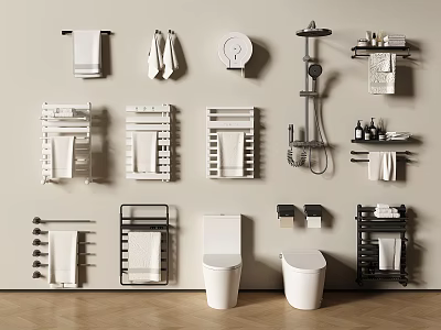 Stylish Bathroom Accessories Collection With Towel Racks Shower Heads Shelves And Toilets 3d model