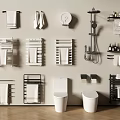 Stylish Bathroom Accessories Collection With Towel Racks Shower Heads Shelves And Toilets