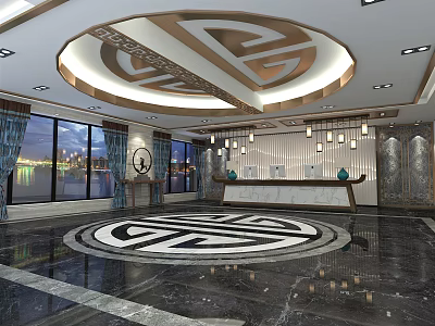 Elegant Hotel Lobby with Ornate Circular Ceiling Geometric Floor and Marble Reception Desk 3d model